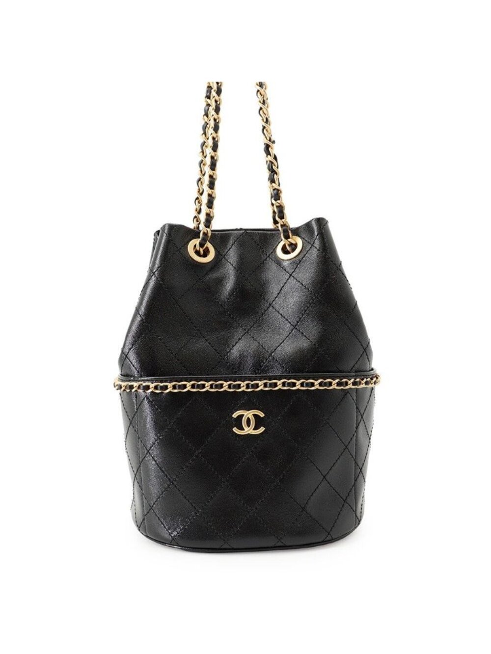 Chanel Chain Shoulder Bag CC Logo Quilted Around Shiny Lambskin Black